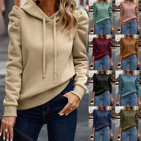 Damen Kapuzenpullover mit gerafften Puffärmeln und Kordelzug Echo Archiv