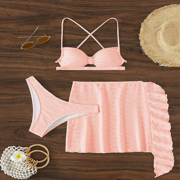 Damen Bikini-Set mit trägerlosem Oberteil, hohem Beinausschnitt und fließendem Rock Echo Archiv