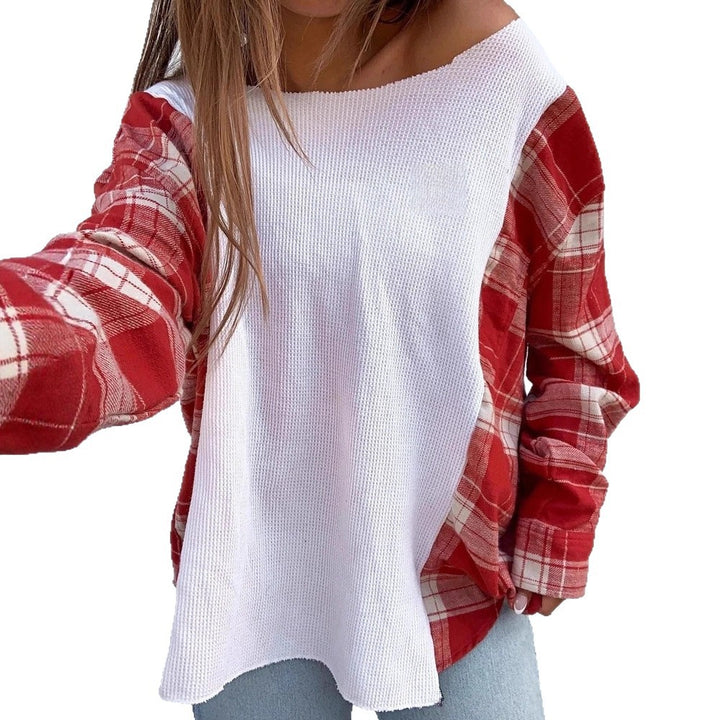 Damen nan Oversize Langarmshirt im Materialmix mit strukturierter Waffelstrick-Front und karierter Ärmelpartie Echo Archiv