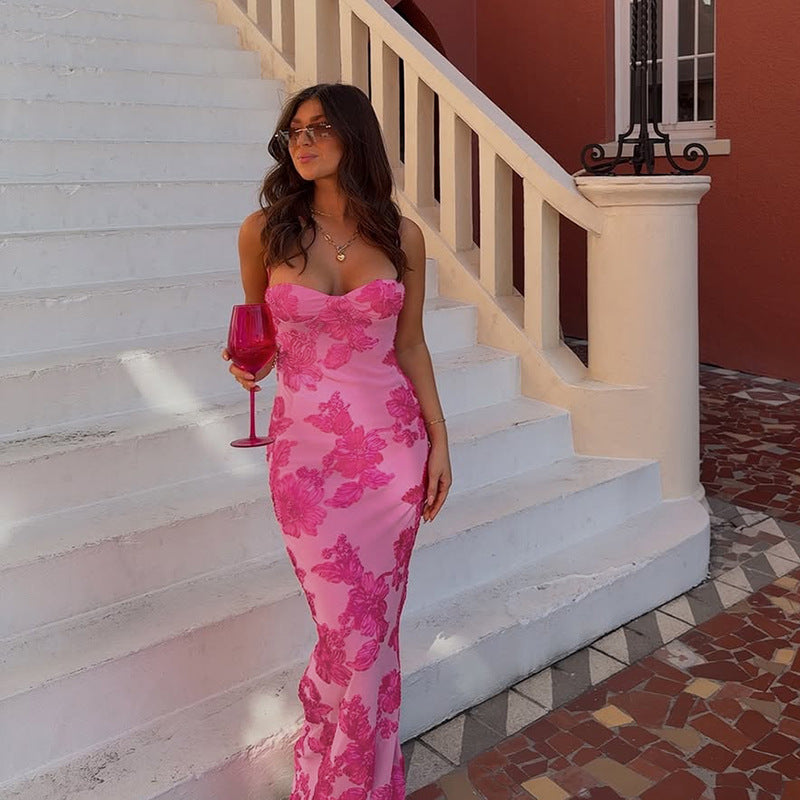 Damen elegantes Spitzen-Maxikleid mit herzförmigem Ausschnitt und fließendem Rüschendesign Echo Archiv