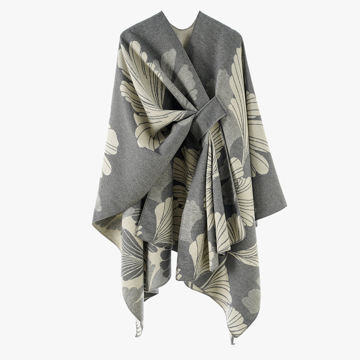 Damen Wickelponcho aus Jacquard mit floralem Muster und Taillengürtel – Avérine