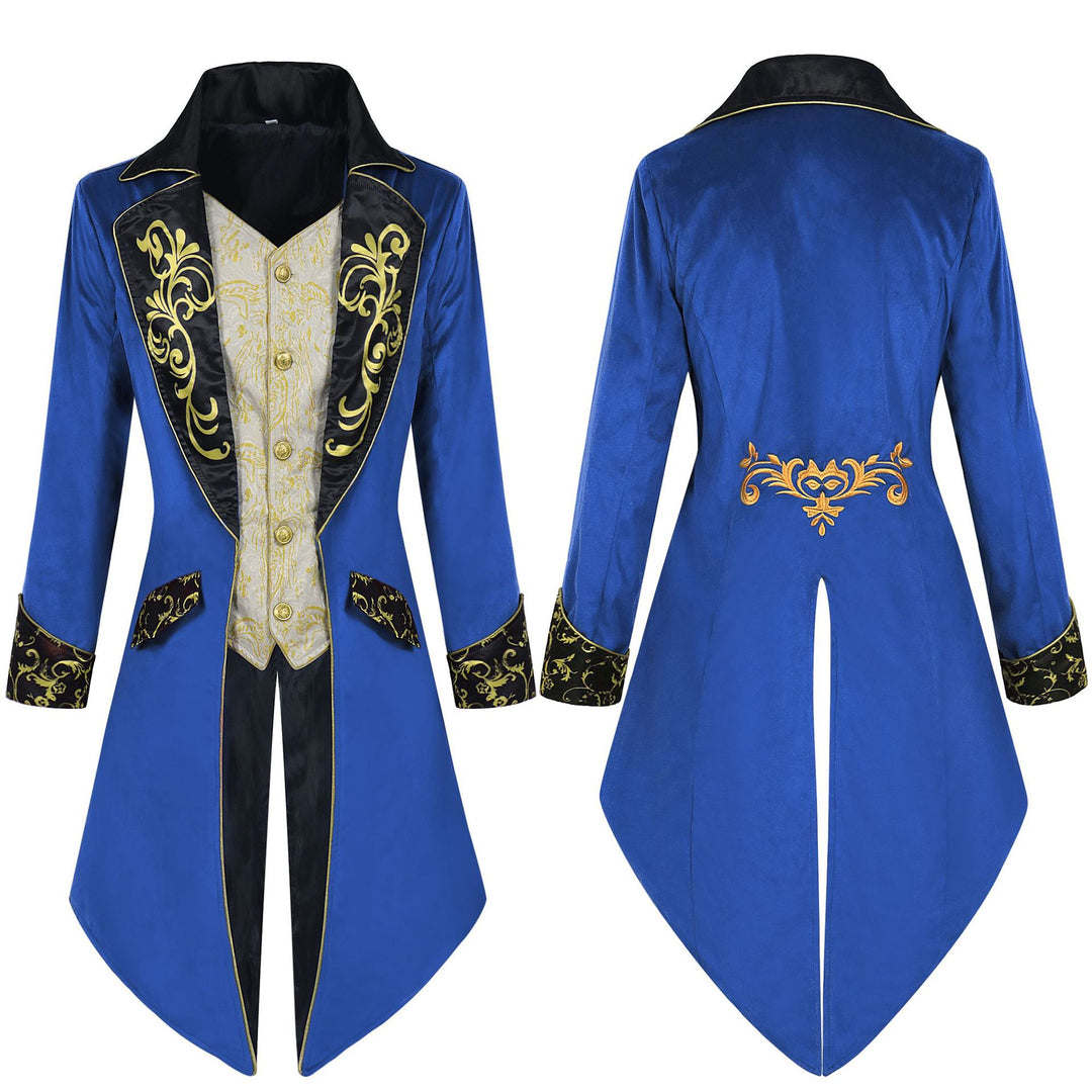 Herren eleganter Frackmantel im Barockstil mit goldbesticktem Revers und geteiltem Schwalbenschwanz – Montaro