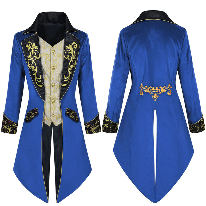 Herren eleganter Frackmantel im Barockstil mit goldbesticktem Revers und geteiltem Schwalbenschwanz – Montaro