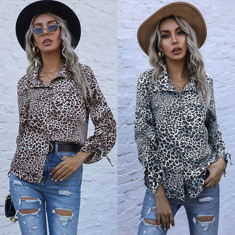 Damen Viskose-Hemdbluse mit Leoprint, Knotenärmeln und lockerer Silhouette Echoarchiv
