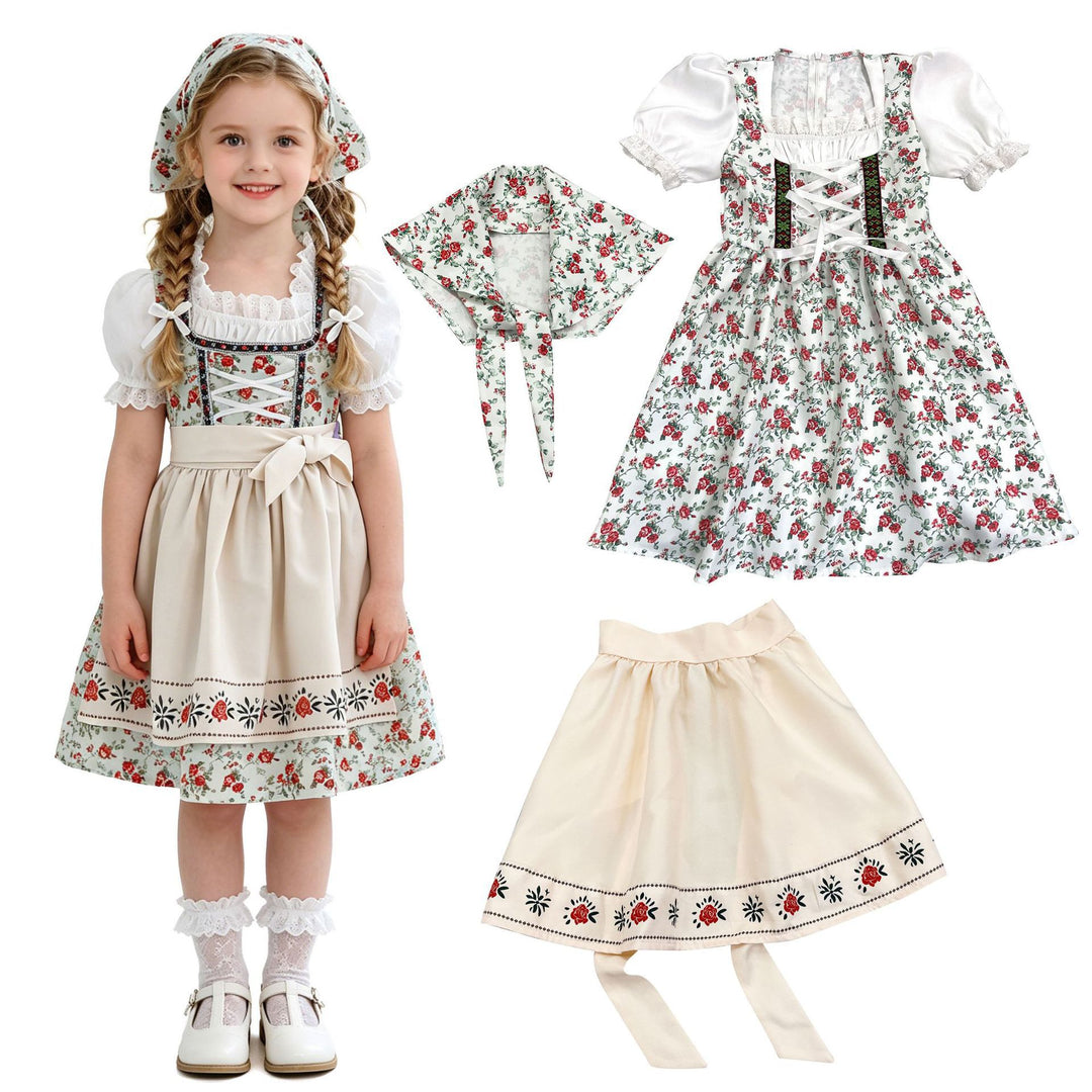 Damen nan traditionelles Kinderdirndl-Set mit Schnürkorsett, Puffärmeln und Kopftuch Echo Archiv