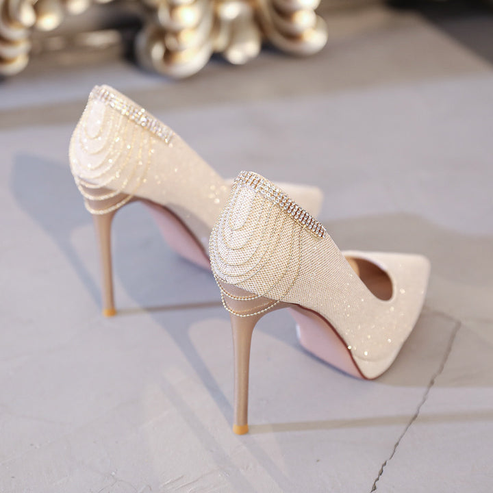 Damen nan elegante Abend-Pumps mit feinem Glitzermesh, spitzer Zehenpartie, filigranem Stilettoabsatz und dekorativer Fersenapplikation Echo Archiv