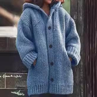 Damen weit geschnittener Kapuzen-Strickmantel mit Knopfleiste und Eingrifftaschen Echo Archiv