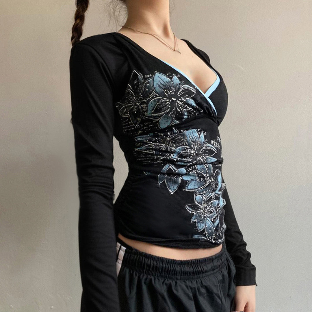 Damen Langarm-Crossover-Top mit V-Ausschnitt, floraler Seitenprint und Kontrastbesatz – Orélia