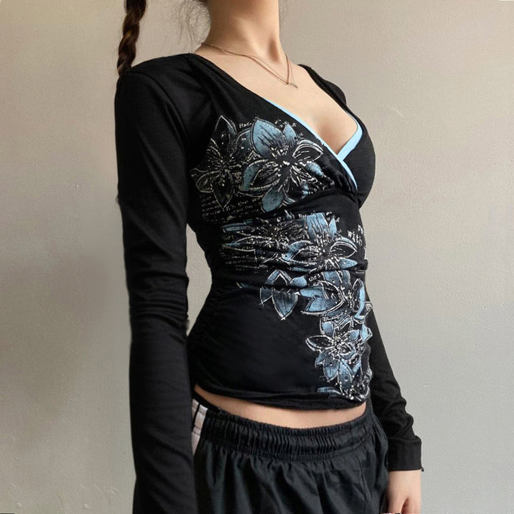 Damen Langarm-Crossover-Top mit V-Ausschnitt, floraler Seitenprint und Kontrastbesatz – Orélia