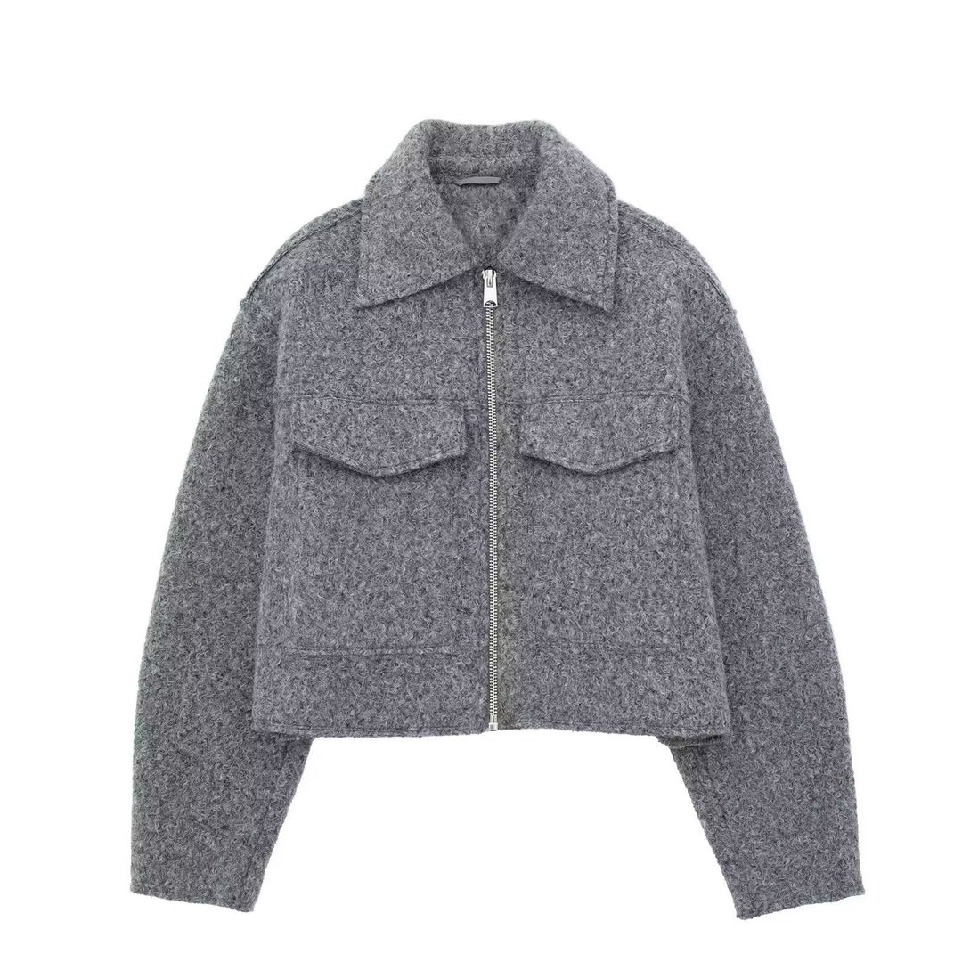 Damen Kurz geschnittene Teddyjacke mit Reißverschluss, Kragen und aufgesetzten Klappentaschen Echo Archiv