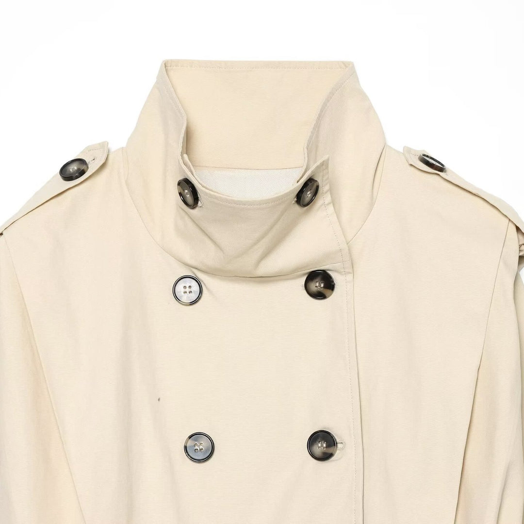Damen Cropped Doppelreihiger Trench‑Blouson mit hohem Stehkragen, Schulterklappen und elastischem Saum Echo Archiv