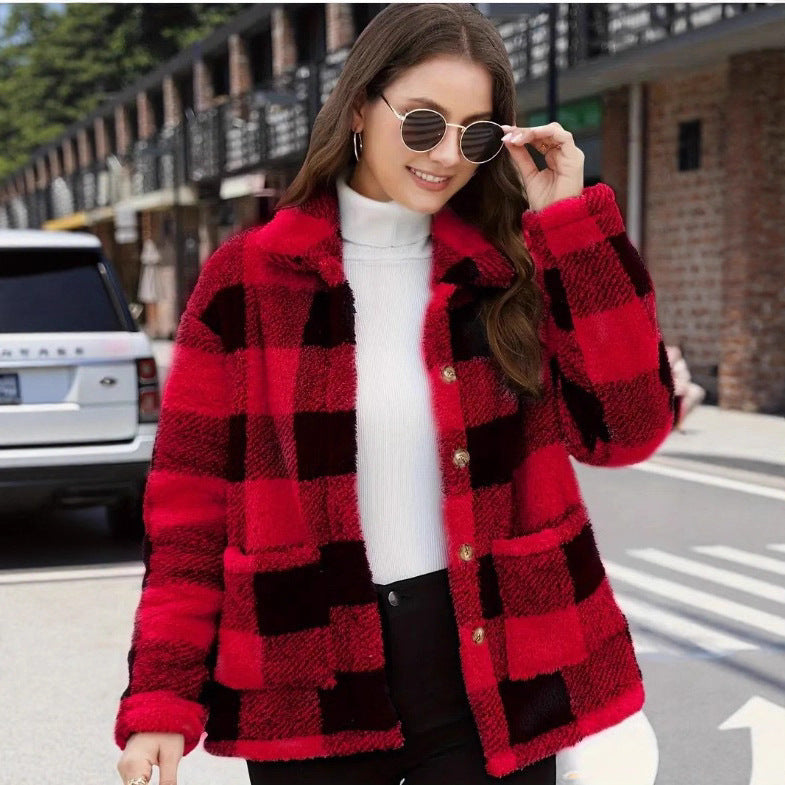 Damen nan gefütterte Karo Teddy-Fleece Shacket mit Knopfleiste und aufgesetzten Taschen Echo Archiv