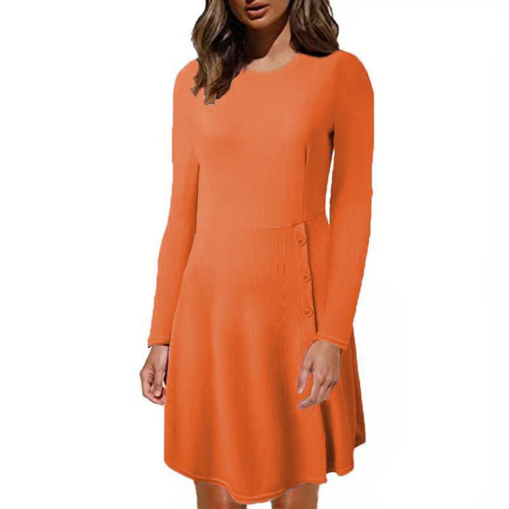 Damen Geripptes A‑Linien Kleid mit Rundhalsausschnitt, langen Ärmeln und seitlicher Knopfleiste – Lunéa