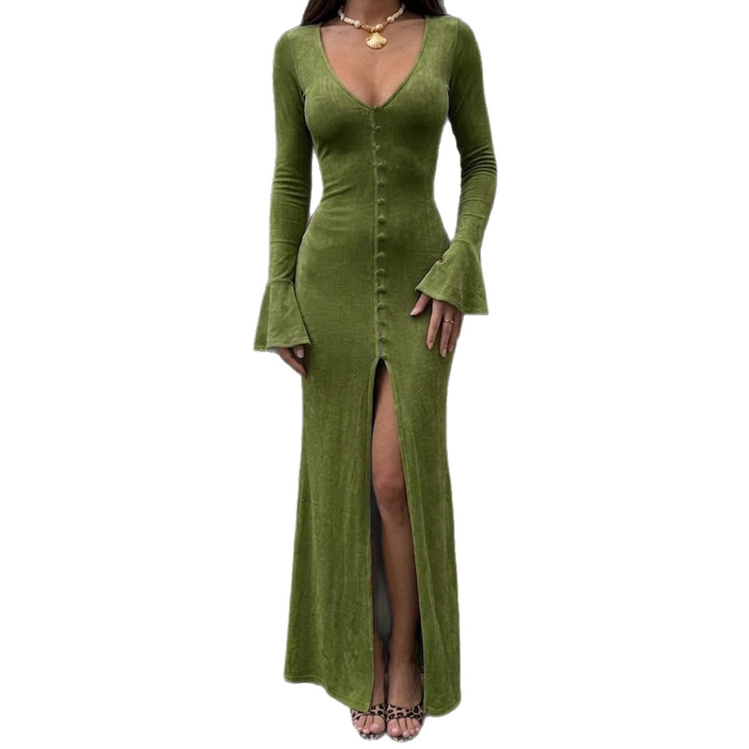 Damen Maxikleid mit figurbetonter Silhouette, durchgehender Zierknopfleiste und Glockenärmeln – Valéora