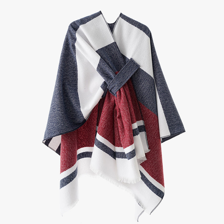 Damen Oversize-Capeponcho aus Wollmix mit Bindeschlaufe und Streifenbordüre Echo Archiv