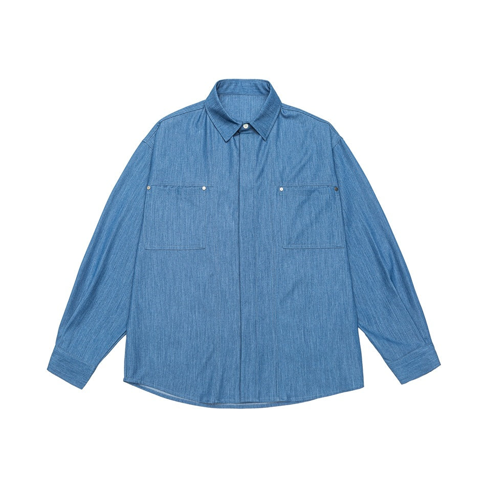Herren Oversize Hemdjacke aus leichter Denim-Qualität mit verdeckter Knopfleiste und Brusttaschen Echoarchiv