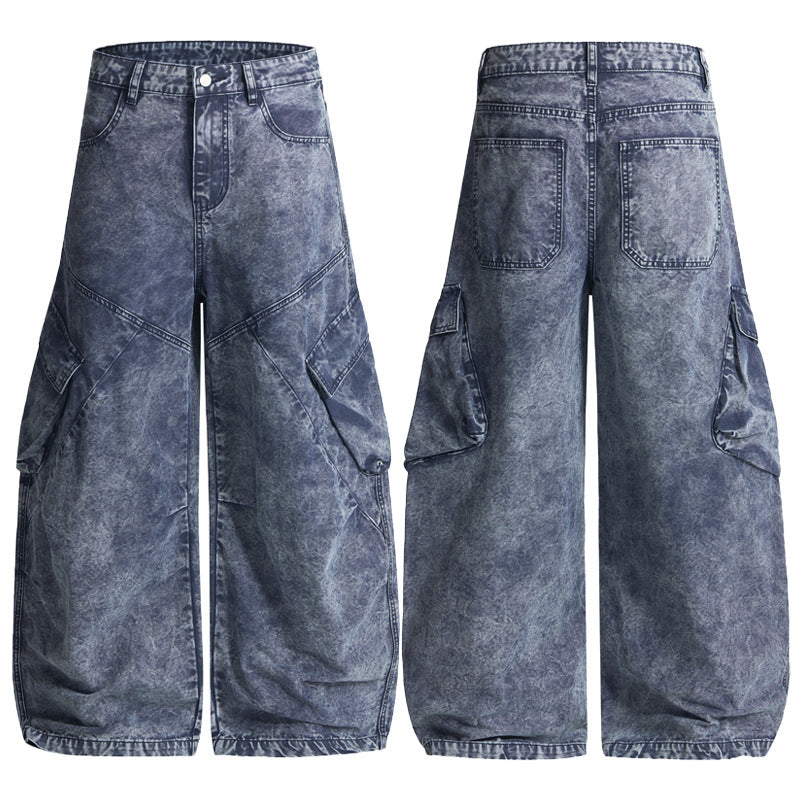 Damen Extraweite Cargo-Denim-Palazzohose mit diagonalem Nahtdesign und großen Klappentaschen Echo Archiv