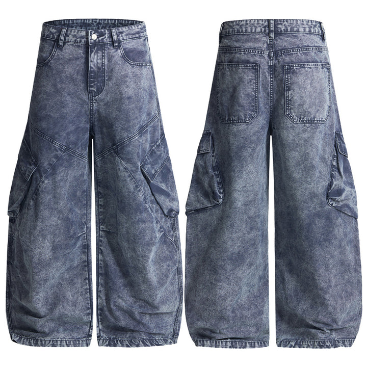 Damen Extraweite Cargo-Denim-Palazzohose mit diagonalem Nahtdesign und großen Klappentaschen Echo Archiv