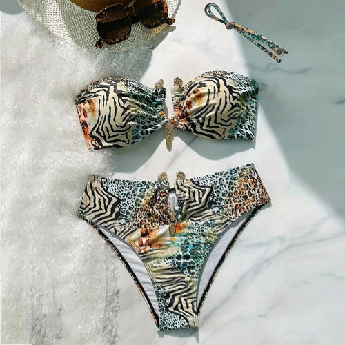 Damen Bandeau-Bikini mit animalischem Muster und dekorativem Verschluss Echo Archiv