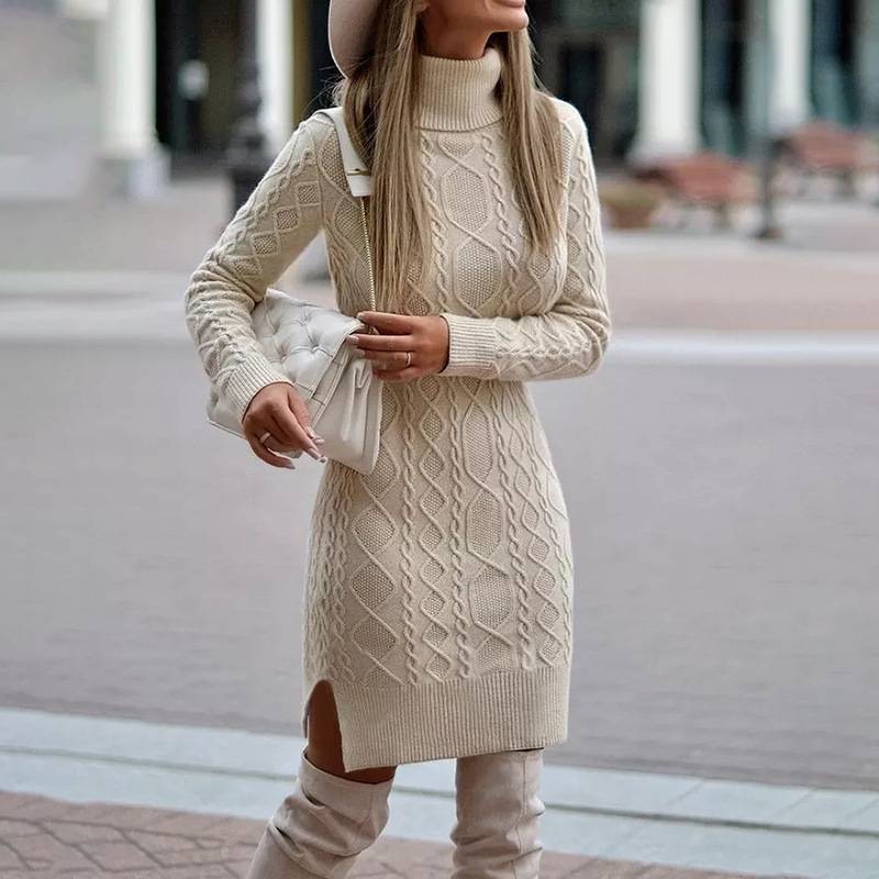 Damen nan figurbetontes Strickkleid mit Rollkragen, Zopfmuster, seitlichem Schlitz und geripptem Saum Echo Archiv