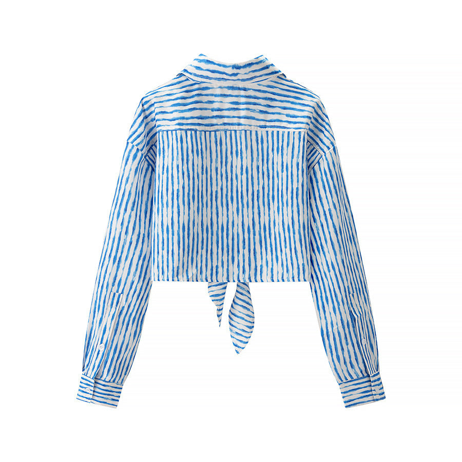 Damen geknotete Cropped-Bluse mit Hemdkragen und langen Ärmeln – Élovi