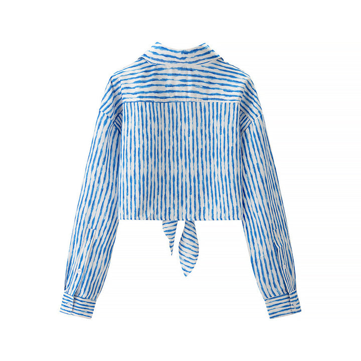 Damen geknotete Cropped-Bluse mit Hemdkragen und langen Ärmeln – Élovi