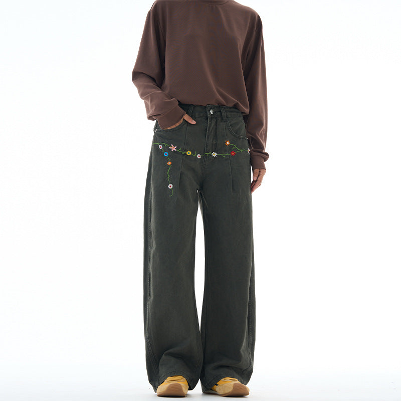 Damen Extraweite Denim-Palazzohose mit floraler Stickerei Echo Archiv