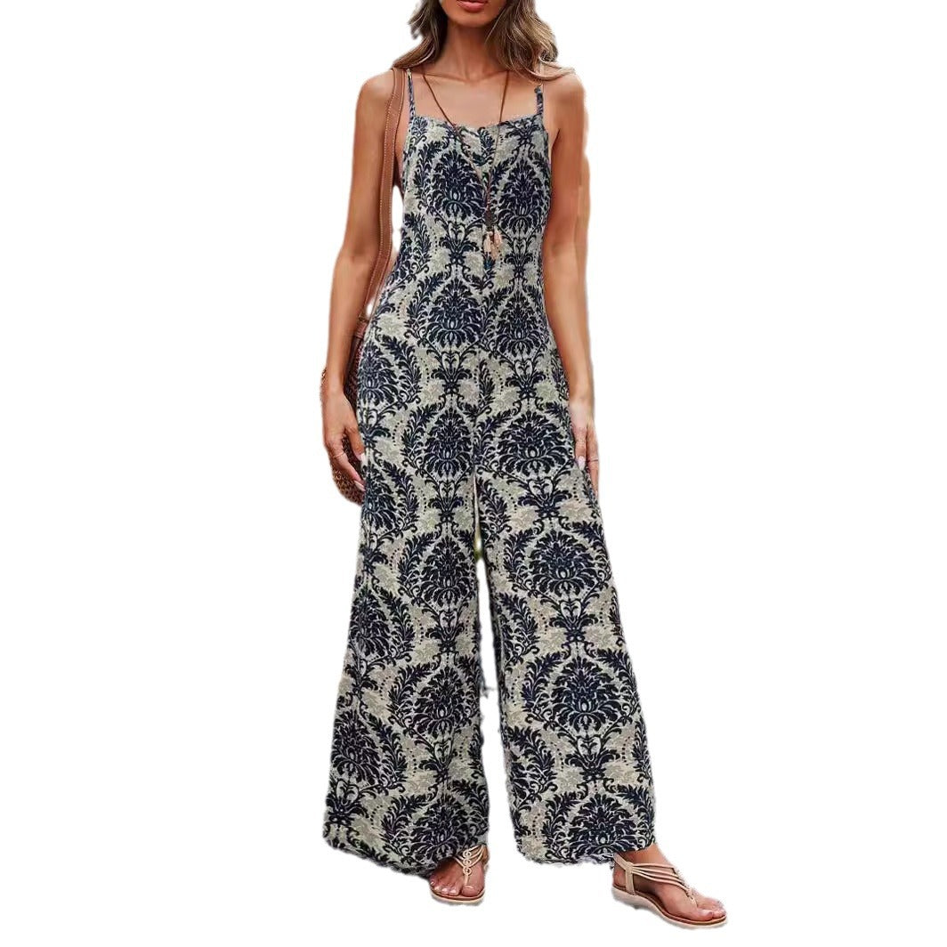 Damen Lässiger ärmelloser Jumpsuit mit weitem Bein, Spaghettiträgern und Paisley‑Print – Solévia