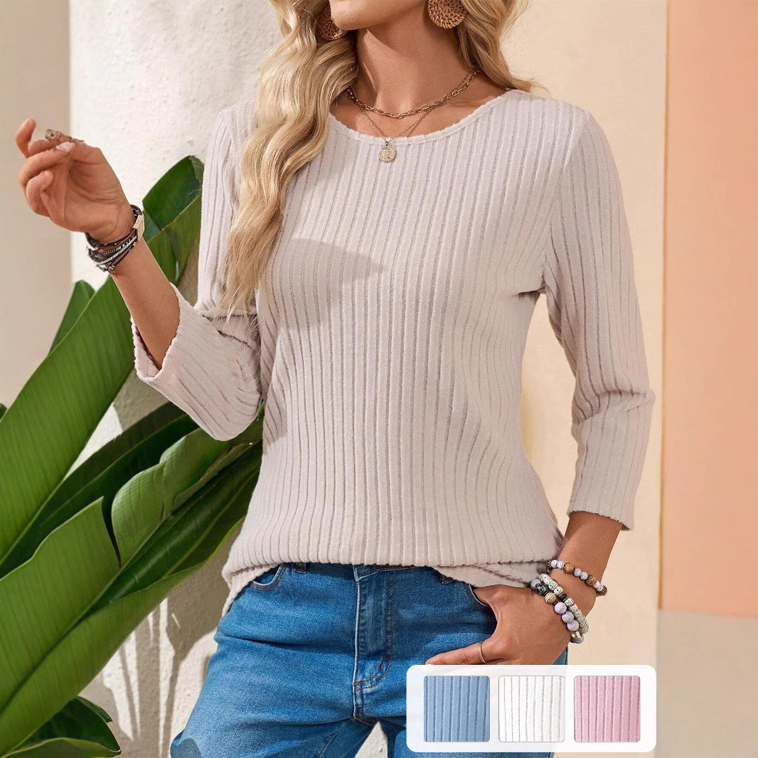 Damen Gerippter Feinstrickpullover mit dreiviertelärmeln und Rundhalsausschnitt Echoarchiv