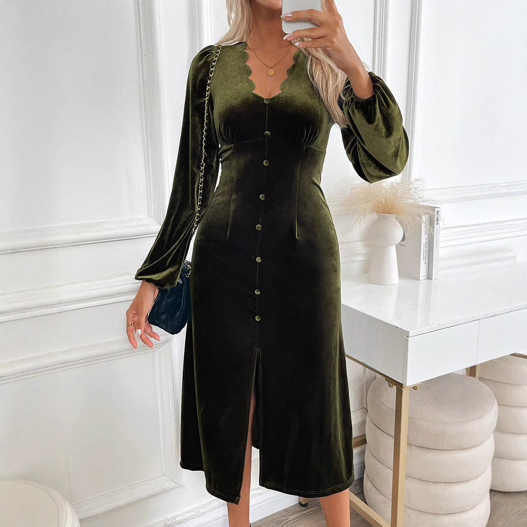 Damen Samt-Midikleid mit tailliertem Schnitt, geschwungenem Ausschnitt, Puffärmeln & Zierknopfleiste Echoarchiv