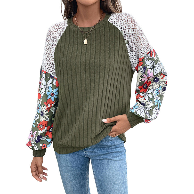 Damen Gerippter Strickpullover mit Häkel-Schulter & gEchoarchivlümten Ballonärmeln Echoarchiv