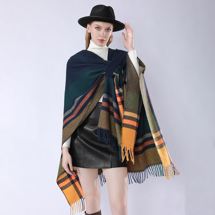 Damen Oversize‑Poncho‑Überwurf mit Tunnelzug, Karomuster und Fransensaum Echo Archiv