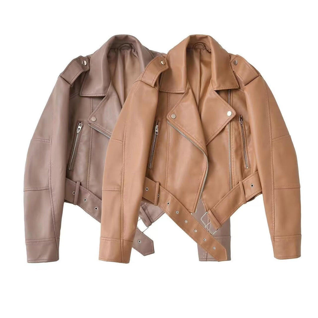 Damen taillierte Kunstleder-Bikerjacke mit Gürtel Echo Archiv