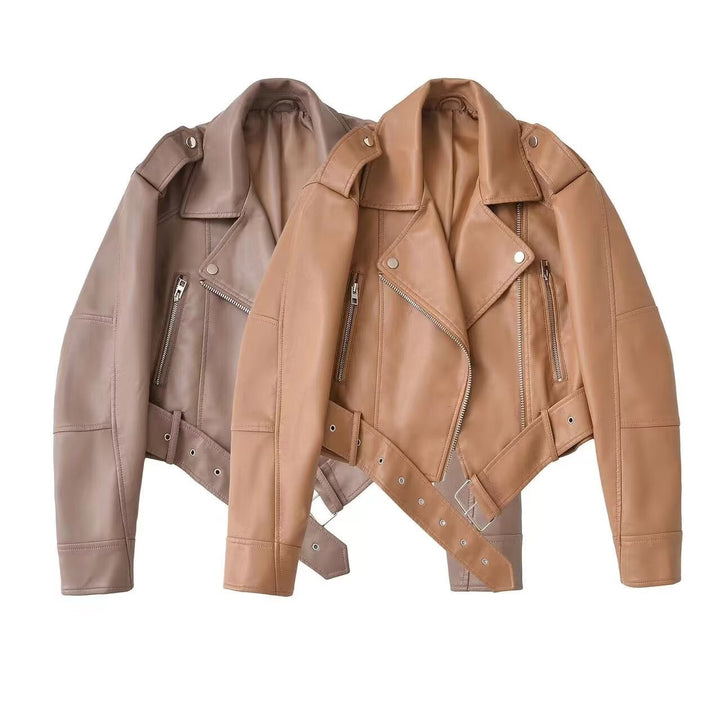 Damen taillierte Kunstleder-Bikerjacke mit Gürtel Echo Archiv