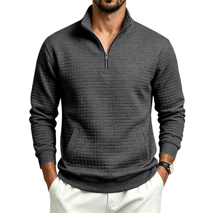 Herren Strukturiertes Stehkragen-Halbzip-Sweatshirt mit Karomuster und Kängurutasche Echoarchiv