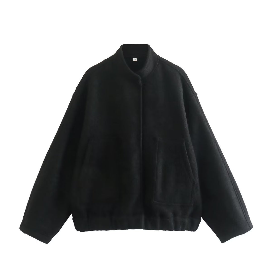Damen boxy Wollmix-Blouson mit Stehkragen, verdeckter Frontleiste, Eingrifftaschen und elastischem Saum – Célinea