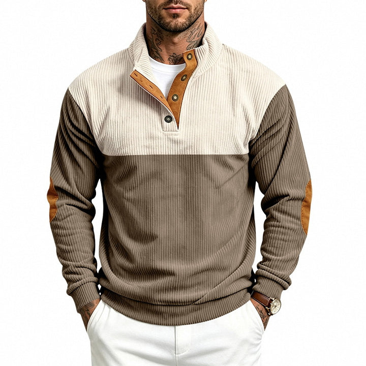 Herren Strukturierter Troyer-Pullover mit Stehkragen, Druckknopfleiste und Ellbogen‑Patches Echoarchiv