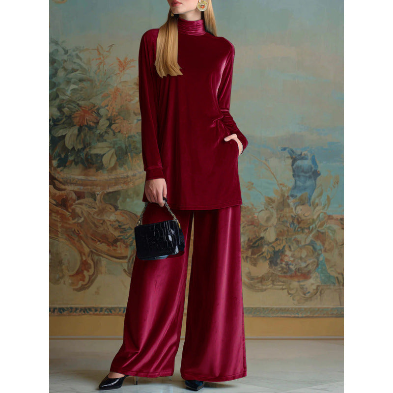 Damen Oversize-Samt-Set mit Rollkragen und weitem Palazzohose Echo Archiv