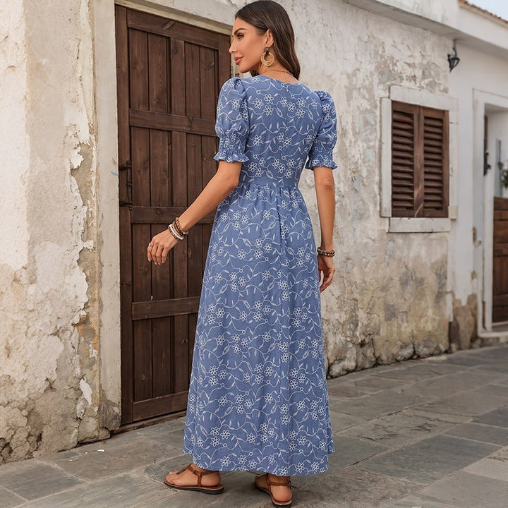 Damen Langes Leichtes Sommer-Maxikleid mit quadratischem Ausschnitt, Puffärmeln und floraler Stickoptik Echoarchiv