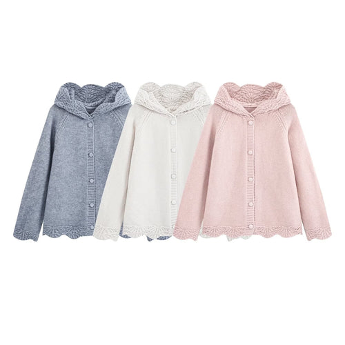 Damen Feinstrick-Cardigan mit Kapuze, Knopfleiste und gehäkelter Borte Echoarchiv