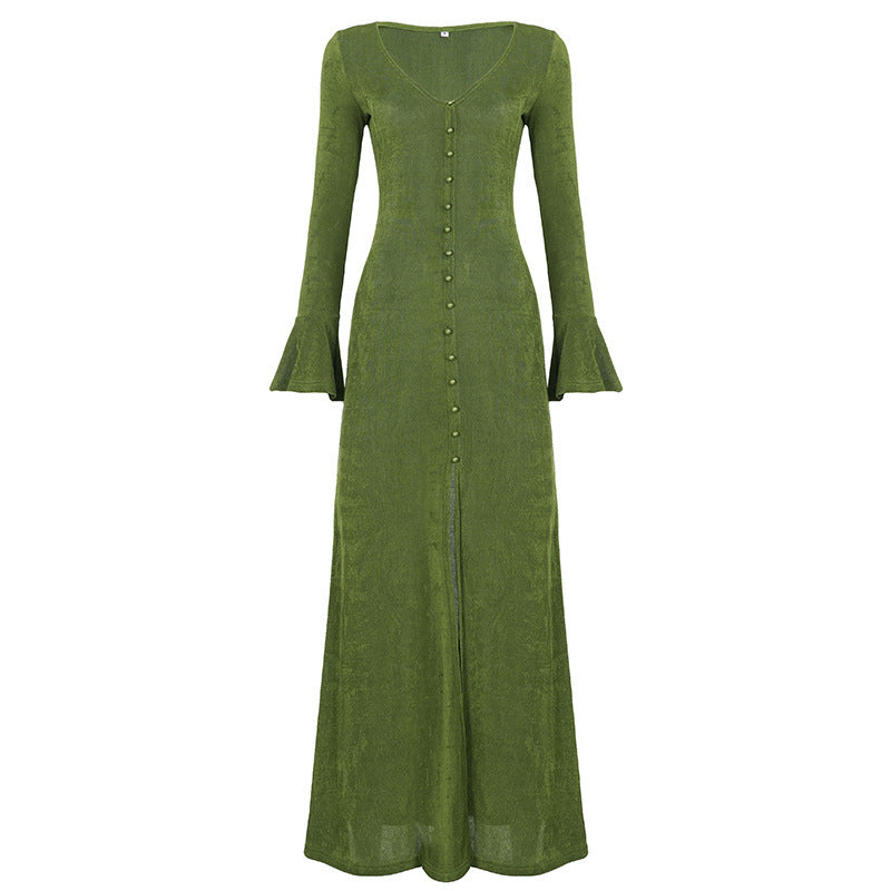 Damen Maxikleid mit figurbetonter Silhouette, durchgehender Zierknopfleiste und Glockenärmeln – Valéora