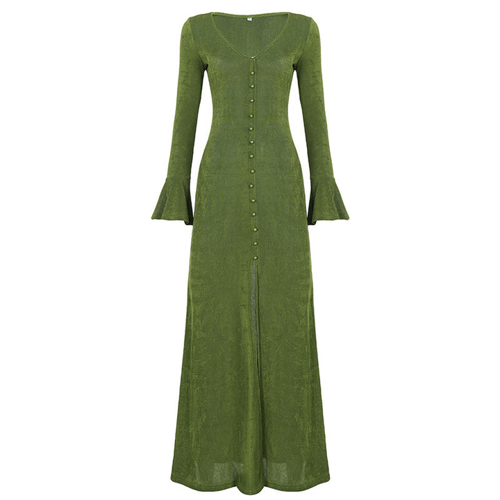 Damen Maxikleid mit figurbetonter Silhouette, durchgehender Zierknopfleiste und Glockenärmeln – Valéora