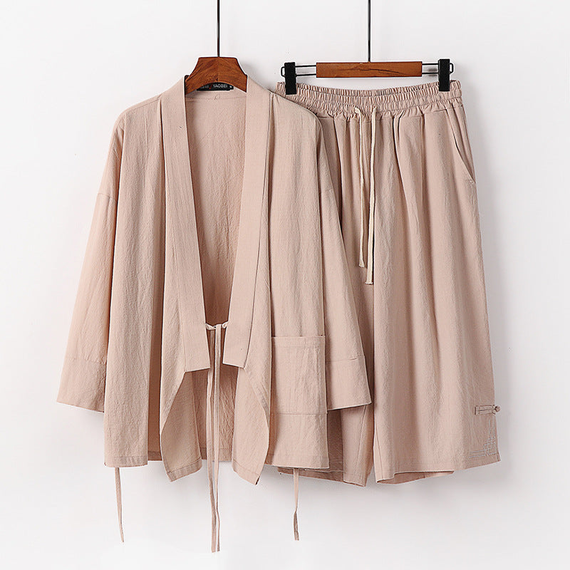 Damen Zen-Kimono-Lounge-Set aus atmungsaktivem Baumwollmix mit Bindebandjacke und weiten Culotte-Hose Echoarchiv