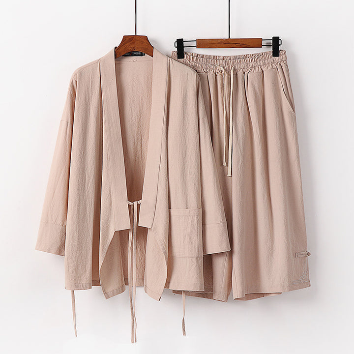 Damen Zen-Kimono-Lounge-Set aus atmungsaktivem Baumwollmix mit Bindebandjacke und weiten Culotte-Hose Echoarchiv