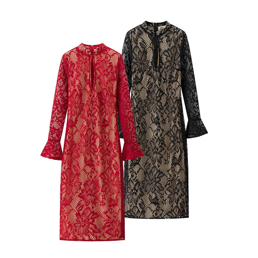 Damen florales Spitzen-Midikleid mit gefüttertem Nude-Unterkleid, Stehkragen, V-Schlitz und Glockenärmeln – Élara