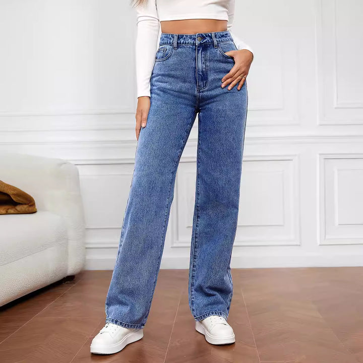 Damen nan hochgeschnittene weite Denimjeans mit geradem Bein und elastischem Bund Echo Archiv