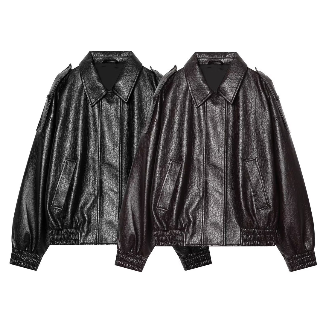 Damen Oversized Kunstleder-Bomberjacke mit Schulterklappen und gerafftem Saum Echo Archiv