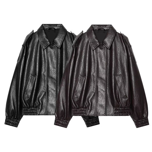 Damen Oversized Kunstleder-Bomberjacke mit Schulterklappen und gerafftem Saum Echo Archiv