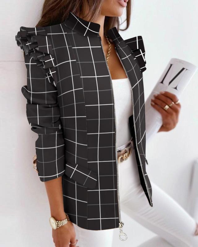 Damen nan Leo-Blouson mit Volantärmeln, Stehkragen und Zipper-Front Echo Archiv
