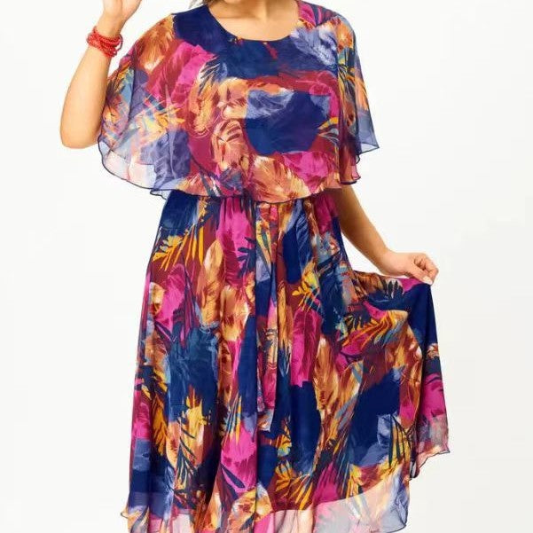 Damen Chiffon Midi Kleid mit capa Ärmeln und elastischem Taillenbund Echoarchiv